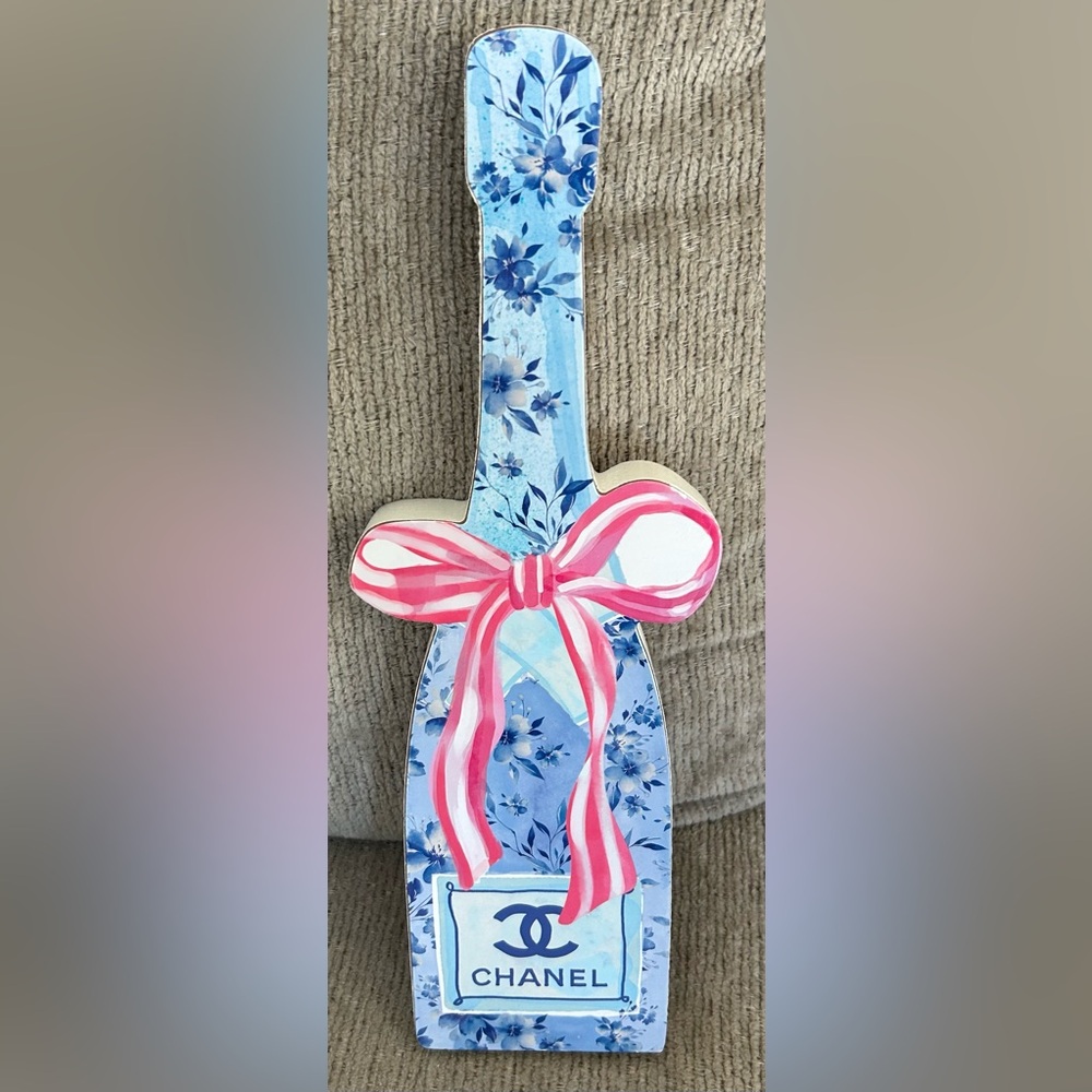 Chanel Floral Champagne Bottle Wall Home Decor Blue Pink Bow luxury Art NWT - Picture 4 of 7